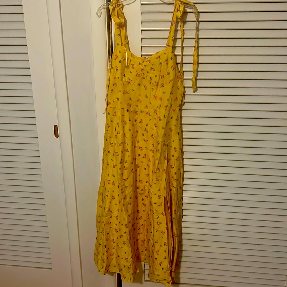Bardot yellow midi bow tie dress